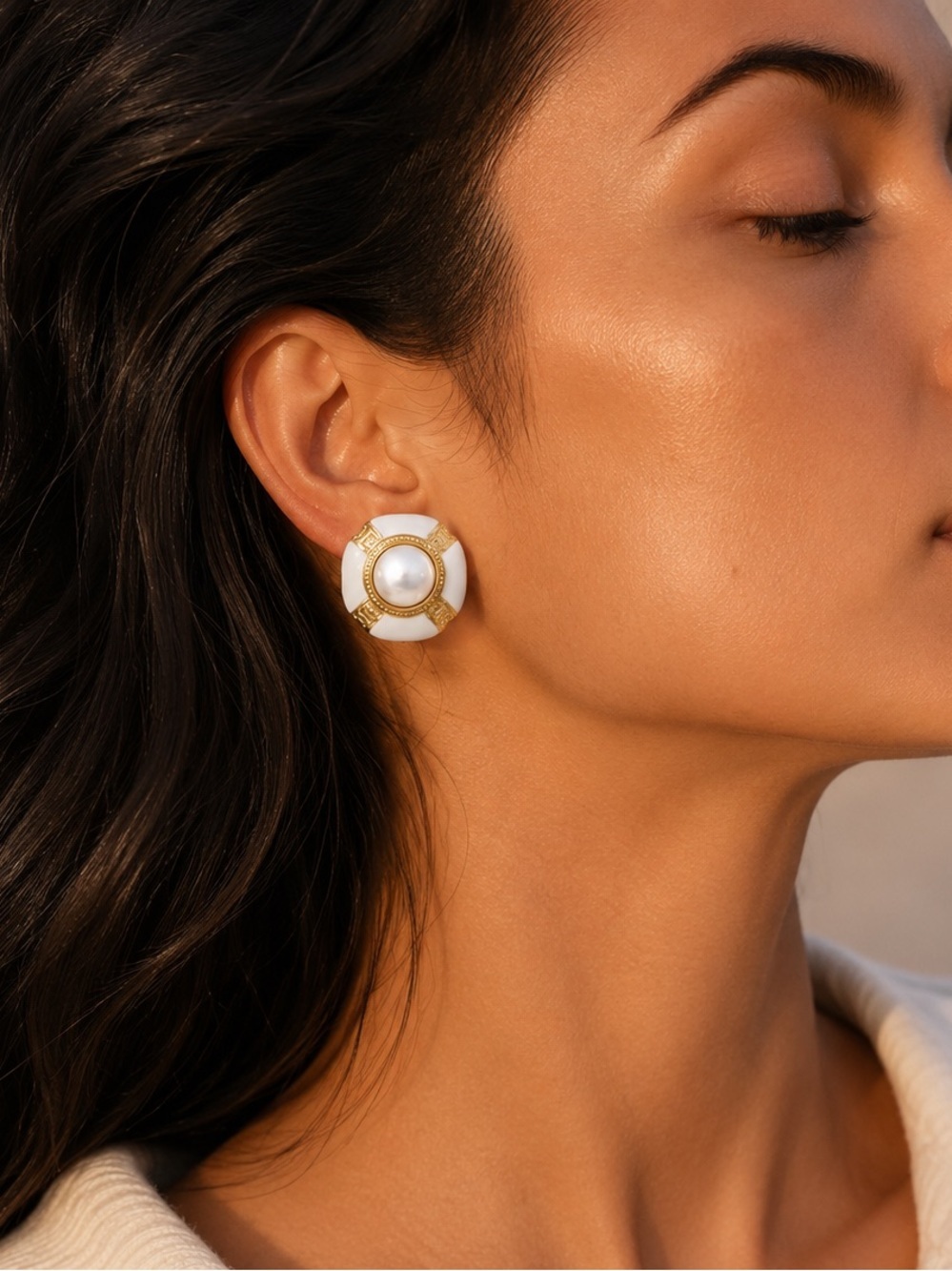 Vintage White Enamel & Pearl Stud Earrings | PVD Gold Plated Stainless Steel - Picture 4 of 5